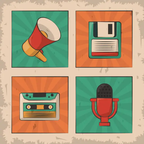 Vector illustration of vintage microphone cassette floppy megaphone retro device