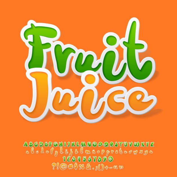 ilustrações de stock, clip art, desenhos animados e ícones de vector colorful sticker style alphabet with fruit juice icontype - letter alphabet symbol fruit