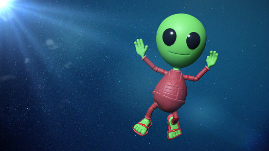 adorable green extraterrestrial with red space suit, friendly visitor from outer space
