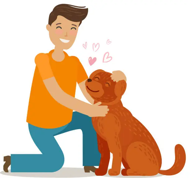 Vector illustration of Happy young man with dog. Pet, pooch, doggie concept. Cartoon vector illustration