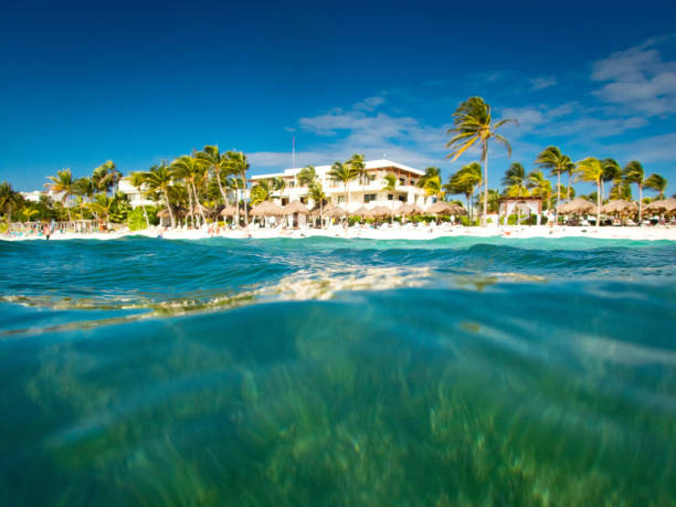 Akumal Caribbean beach in Riviera Maya taken from the sea with an underwater camera semi-submerged.