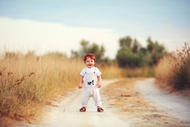 istock cute toddler baby boy having fun playing on the path at summer field 921176684