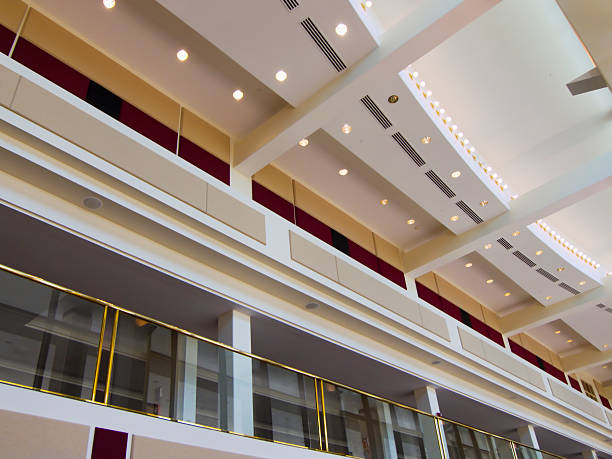 Building interior with ceiling beams stock photo