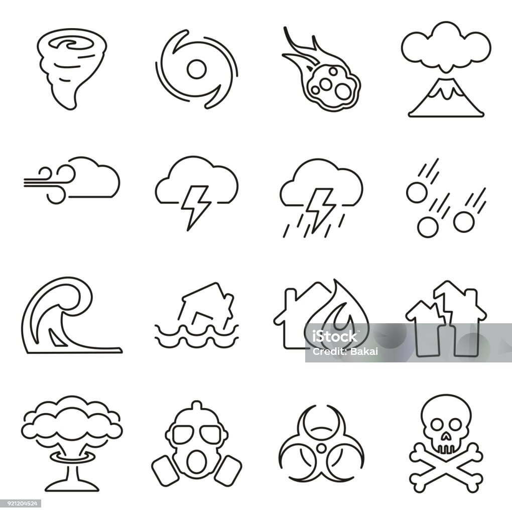 Armageddon or Disaster Icons Thin Line Vector Illustration Set This image is a vector illustration and can be scaled to any size without loss of resolution. Icon Symbol stock vector