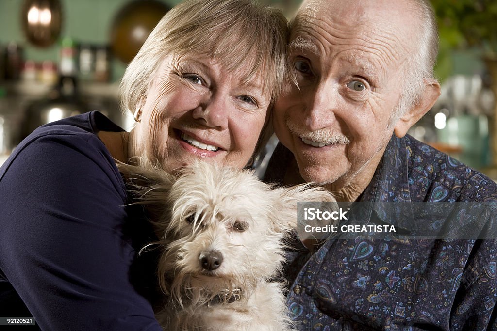 Portrait of Senior Couple with Dog Close Up Portrait of Senior Couple with Dog Senior Adult Stock Photo
