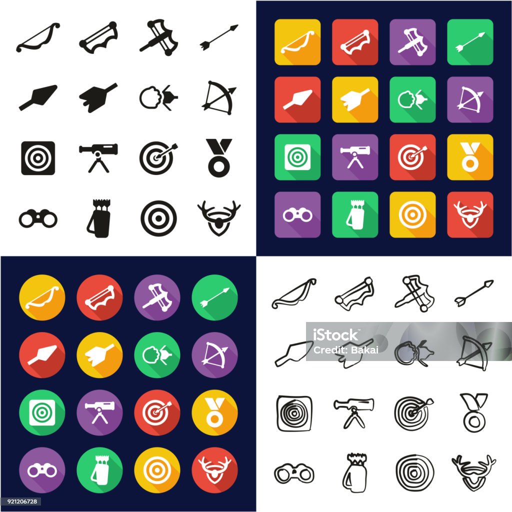 Archery All in One Icons Black & White Color Flat Design Freehand Set This image is a vector illustration and can be scaled to any size without loss of resolution. Arrowhead stock vector