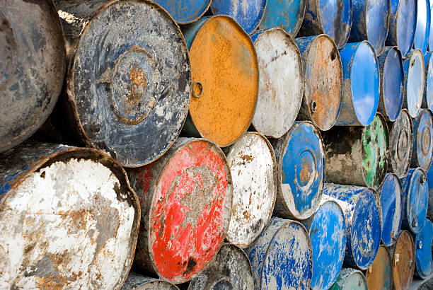 istock Long row of colourful metall barrels 92122318