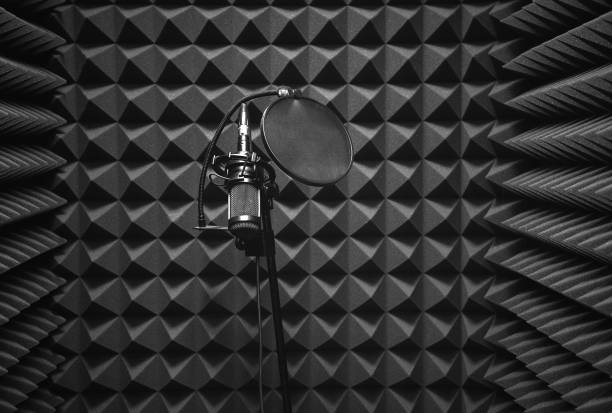 Young man recording powerful vocals for his upcoming album in a state-of-the-art music studio, immersed in creativity and sound