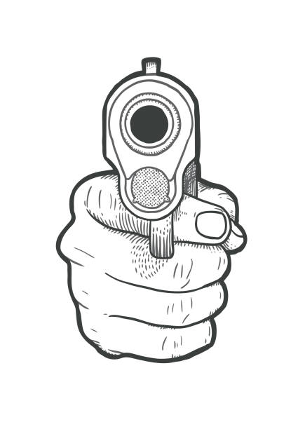 Hand drawn hand with gun Hand drawn hand with gun, vector illustration in synch stock illustrations