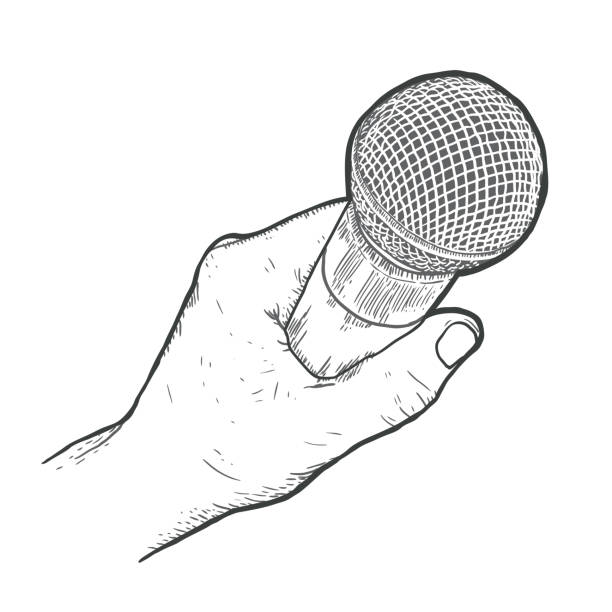 Hand drawn hand, with microphone Hand drawn hand, with microphone, vector illustration in synch stock illustrations