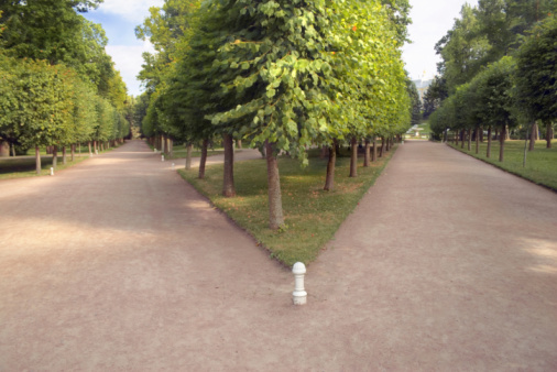 Walkway in a park lined with painted in black wooden fences