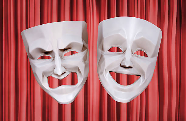 Tragicomic Theater Masks Comedy and tragedy rotesque masks on red theater curtain. 3D rendered image.  tragicomedy stock pictures, royalty-free photos & images