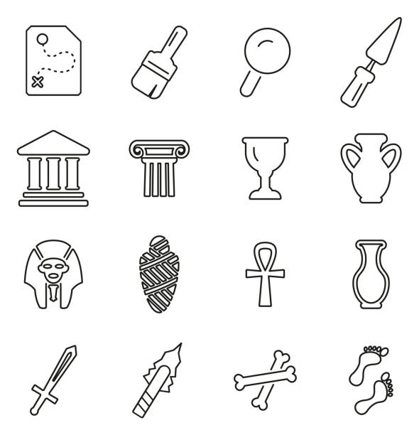 illustrations, cliparts, dessins animés et icônes de artefacts archéologie & équipement icônes thin line vector illustration set - amphora ancient past greece