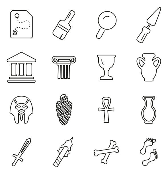 ilustrações, clipart, desenhos animados e ícones de artefatos de arqueologia & equipamento ícones fina linha vetor ilustração conjunto - amphora ancient past greece