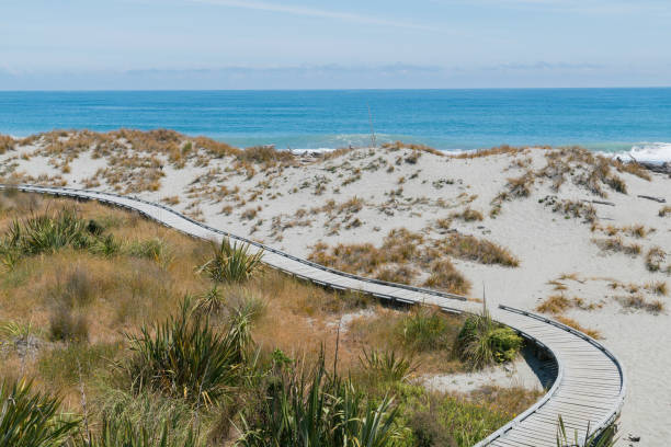 istock Wooden walkway over sand beach with seacoast skyline 921243124