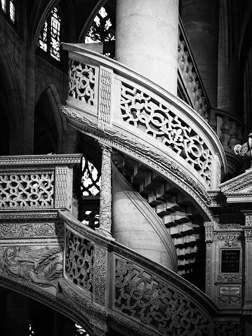 Paris, France - January 7, 2018: St. Stephen's Church of the Mount is a Catholic church in Paris. Inside it has a singular architecture, with two stone spiral staircases leading to the upper balustrade.