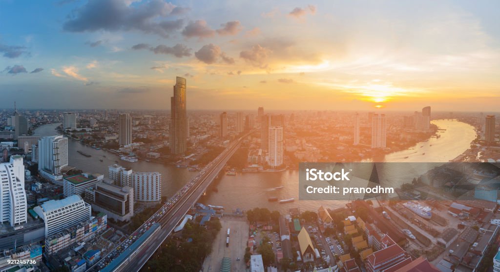 Panorama river curved Bangkok city downtown Panorama river curved Bangkok city downtown with sunset background, Thailand Ancient Stock Photo