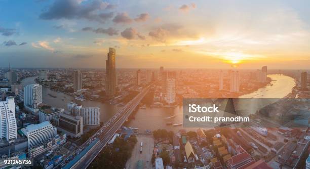 Panorama River Curved Bangkok City Downtown Stock Photo - Download Image Now - Ancient, Architecture, Art