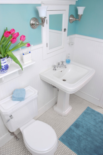 A vase of tulips adds a splash of color to this cozy yet elegantly furnished bathroom.