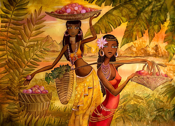 Girls taityanki with baskets full of fruit