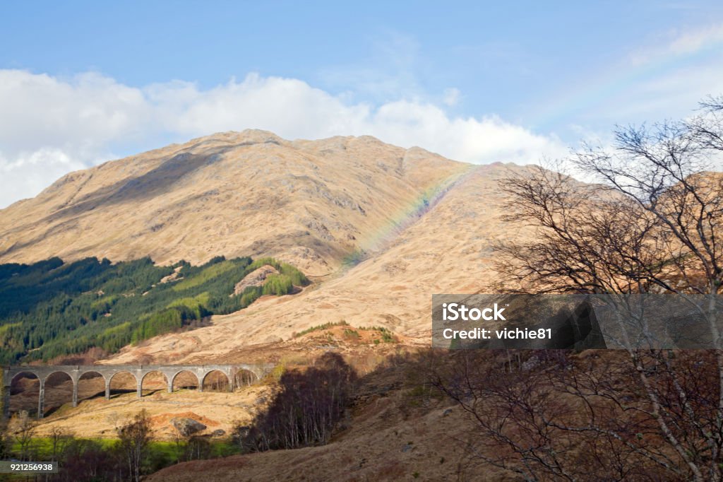 Glenfinnan Viaduct Scotland Glenfinnan Viaduct Railway Station with rainbow in Scotland UK Scotland Stock Photo