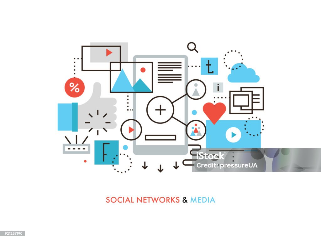 Social network flat line illustration Thin line flat design of social network communication, internet media services, web community for blogging, chatting and sharing news.  Modern vector illustration concept, isolated on white background. Marketing stock vector