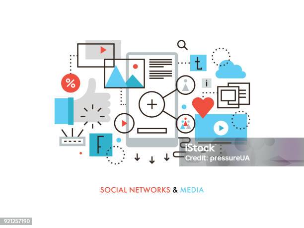 Social Network Flat Line Illustration Stock Illustration - Download Image Now - Marketing, Contented Emotion, Sharing