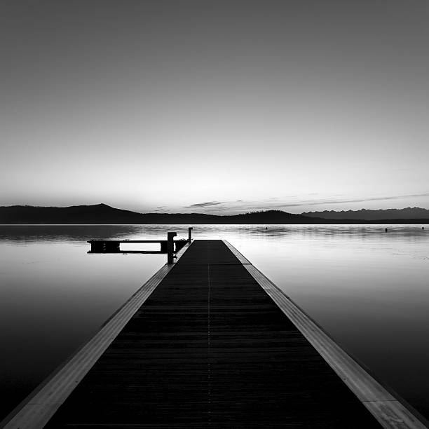 istock Path to dock over a lake in black and white 92125841
