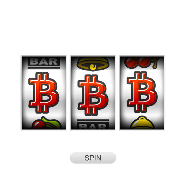 illustrazioni stock, clip art, cartoni animati e icone di tendenza di jackpot bitcoin su slot machine - slot machine illustrations