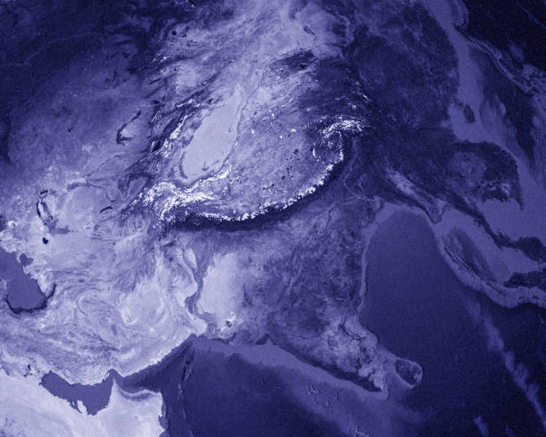 Physical map of the world, satellite view of Europe and North Africa. Night view. City lights. Globe. Hemisphere. Reliefs and oceans. 3d rendering. Elements of this image are furnished by NASAhttps://eoimages.gsfc.nasa.gov/images/imagerecords/79000/79793/city_lights_africa_8k.jpg