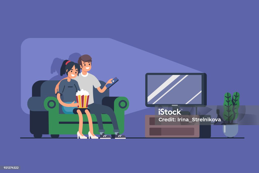 couple watching TV Young couple sitting on sofa and watching TV. Flat style illustration isolated on white background. Television Industry stock vector