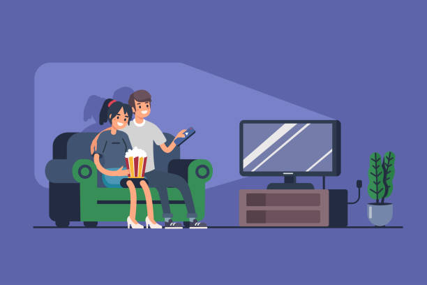 couple watching TV Young couple sitting on sofa and watching TV. Flat style illustration isolated on white background. television industry illustrations stock illustrations