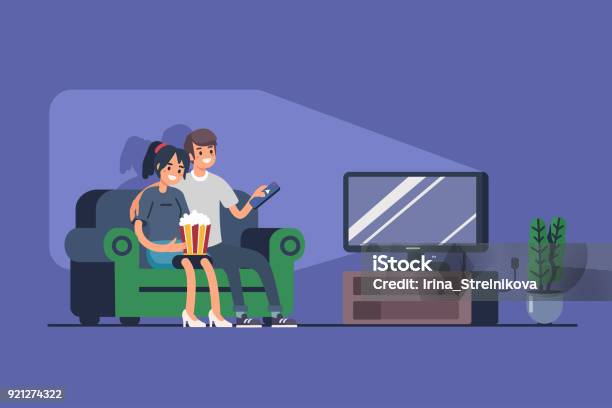 Couple Watching Tv Stock Illustration - Download Image Now - Television Industry, Watching, Movie