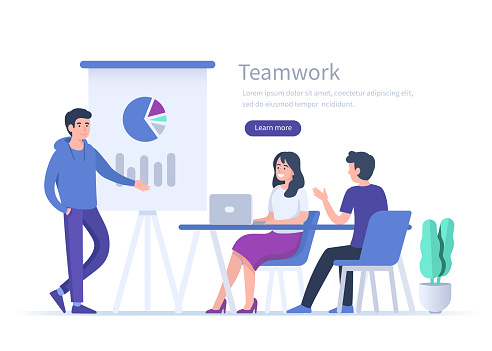 Business teamwork concept banner with text place. Man making presentation on conference.  Flat style vector illustration isolated on white background.