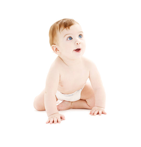istock Small baby boy with diaper on in crawling position 92127842