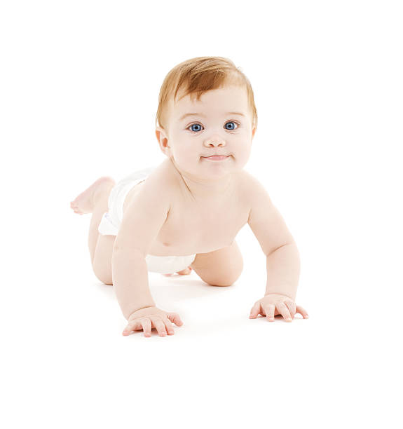 istock Baby boy in a nappy crawling on a white background 92127853