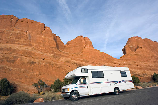 istock RV against red rock formation, Utah. 92127882
