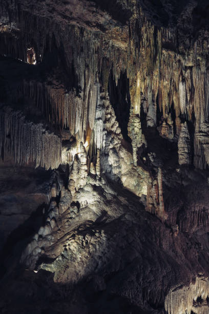 karst cave with stalactites and stalagmites in luray caverns. luray, virginia - spelaeology imagens e fotografias de stock