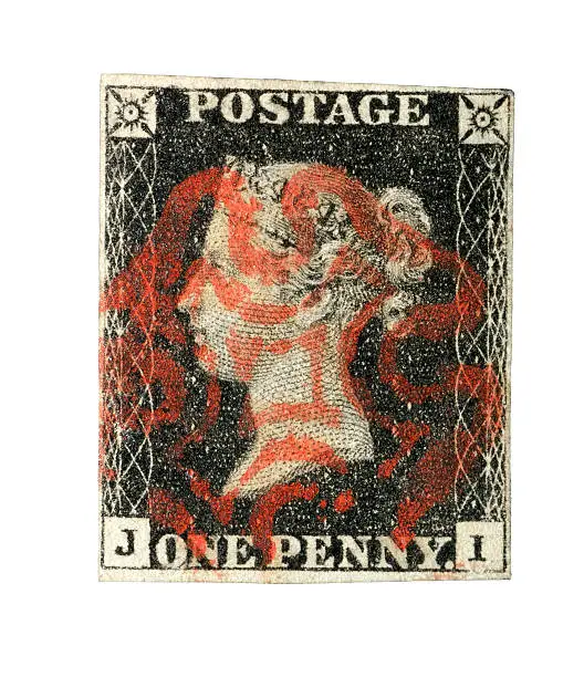 Photo of World's first stamp, Penny Black, Great Britain 1840