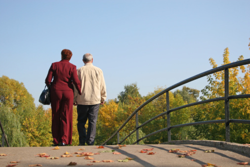 behind couple on autumn bridge