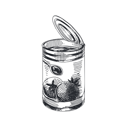 Beautiful vector hand drawn Tomato sauce in the can Illustration. Detailed retro style lychee image. Vintage sketch for labels. Elements collection for design.