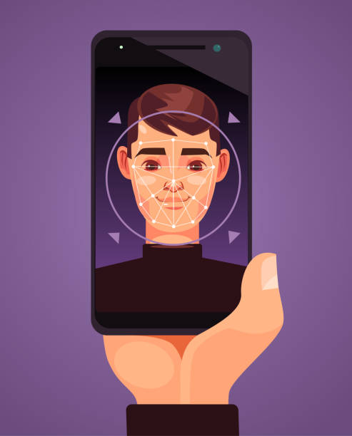 Facial recognition smart phone Facial recognition smart phone. Vector flat cartoon illustration face scan stock illustrations