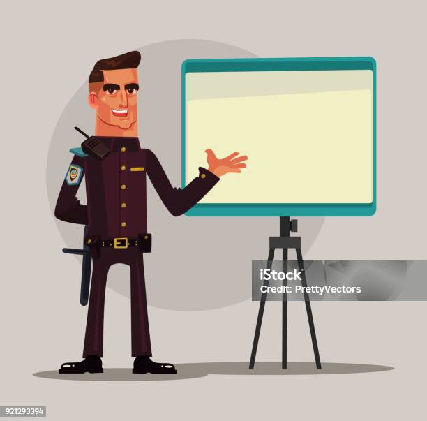 Happy Smiling Policeman Character Making Presentation Stock Illustration - Download Image Now