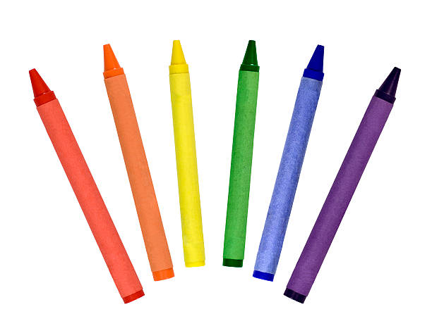 Six crayons in primary and secondary colors Primary and secondary colored crayons isolated on a white background colouring stock pictures, royalty-free photos & images