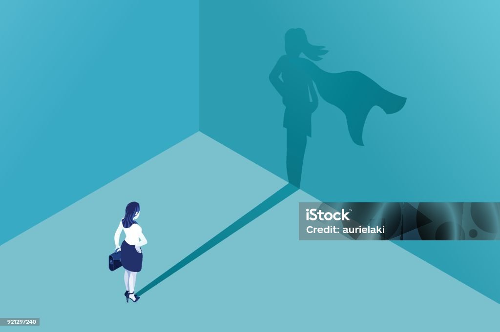 Businesswoman superhero shadow Businesswoman with superhero shadow vector concept. Isometric Eps10 vector illustration. Business symbol of emancipation ambition success motivation leadership courage and challenge. Women stock vector