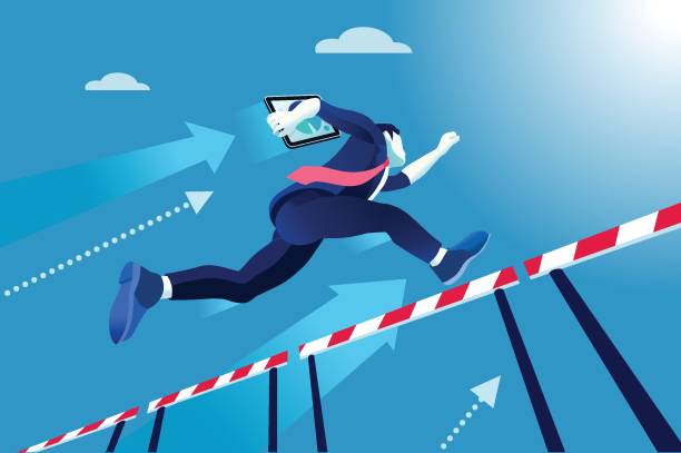 Manager race jumping over obstacles Business man jumping over obstacles a manager race concept. Overcome obstacles concept. Man jumping over obstacles like hurdle race. Business vector illustration. hurdle stock illustrations