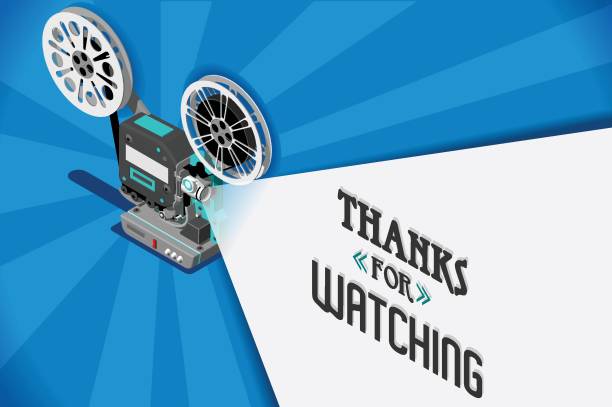 Cinema movie vector video clip Cinema movie title screen concept. Thanks for watching. Vector design with retro looking movie projector with film reels and projecting beam as copy space container. Video clip vector illustration thanks for watching images stock illustrations