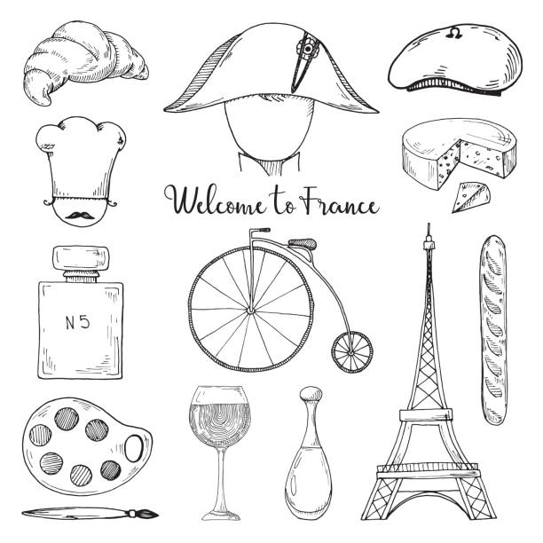 illustrazioni stock, clip art, cartoni animati e icone di tendenza di insieme di elementi della cultura francese. benvenuti in francia. illustrazione vettoriale in stile schizzo. - beret