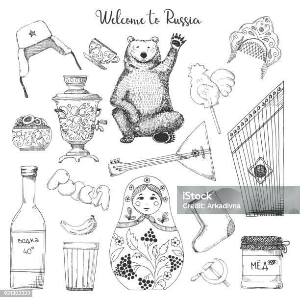 Set Of Elements Of Russian Culture Welcome To Russia Vector Illustration In Sketch Style Stock Illustration - Download Image Now