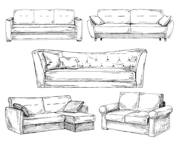 illustrations, cliparts, dessins animés et icônes de ensemble de canapés isolé sur fond blanc. illustration vectorielle dans un style d’esquisse. - sofa vehicle interior domestic room residential structure